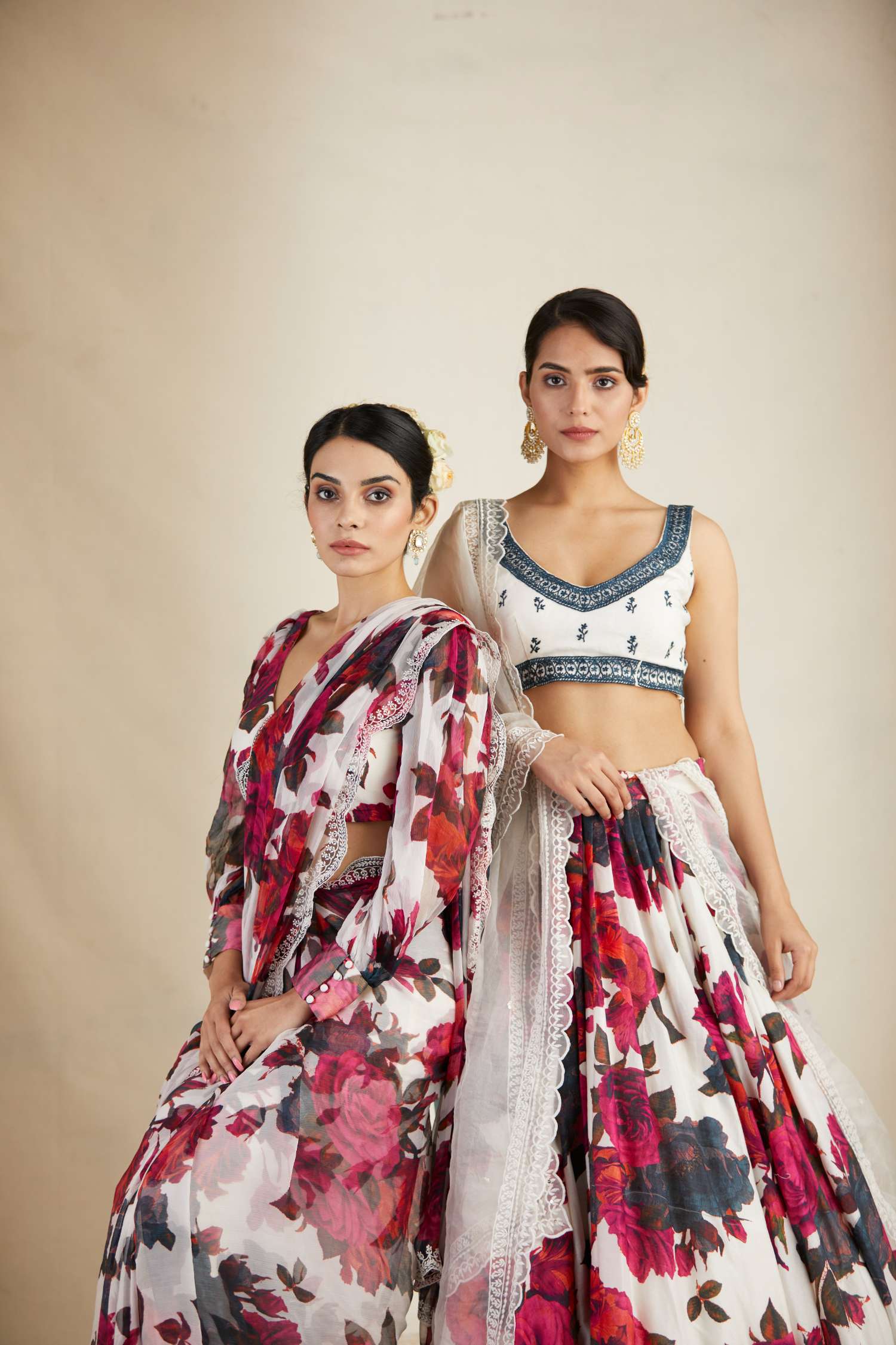 Half Front view of White Red Floral Chanderi Lehenga Set