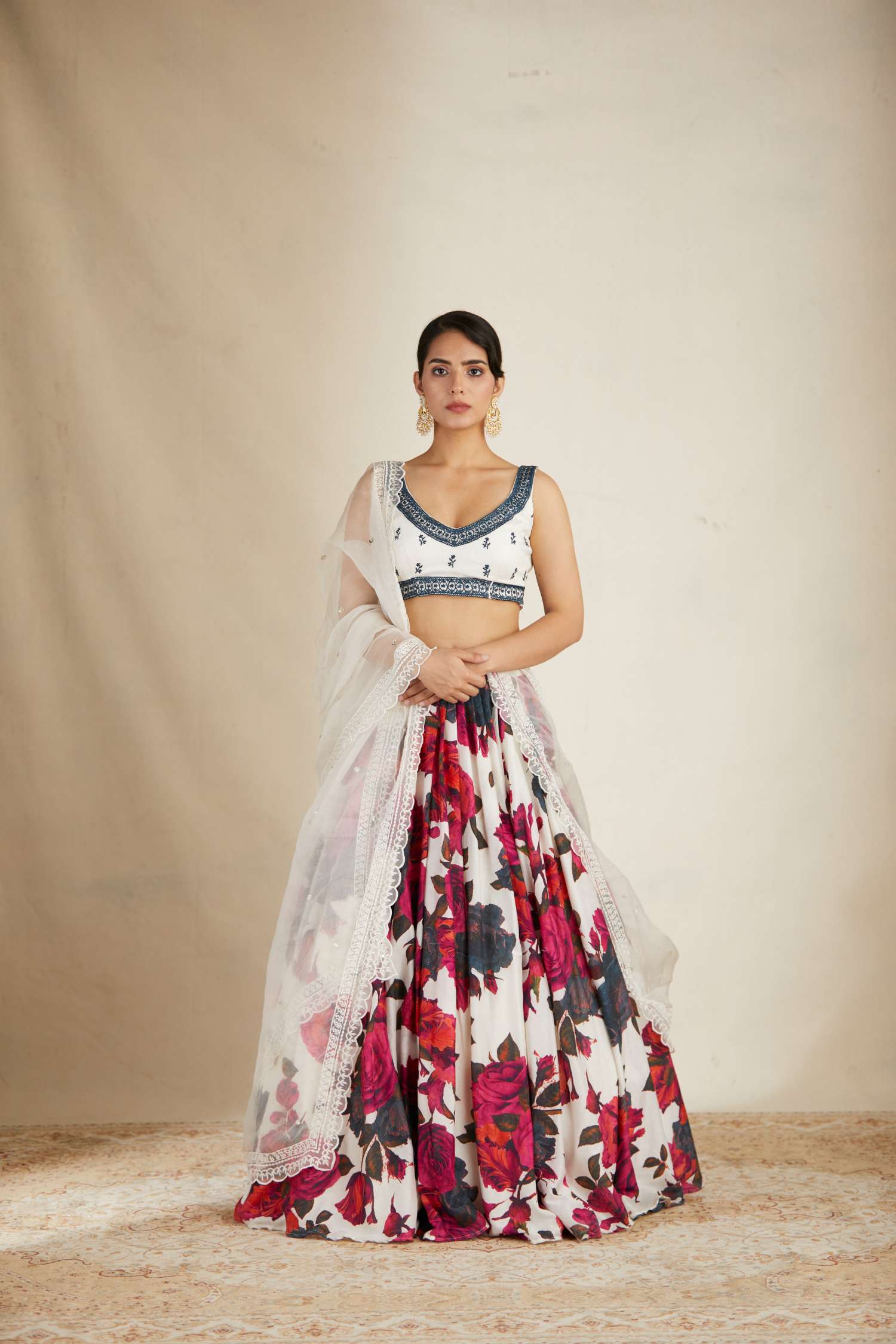 Front view of White Red Floral Chanderi Lehenga for Women