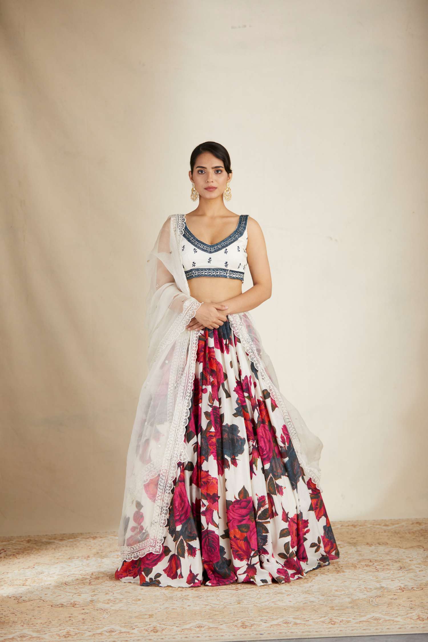 Front view of White Red Floral Chanderi Lehenga Set for Women