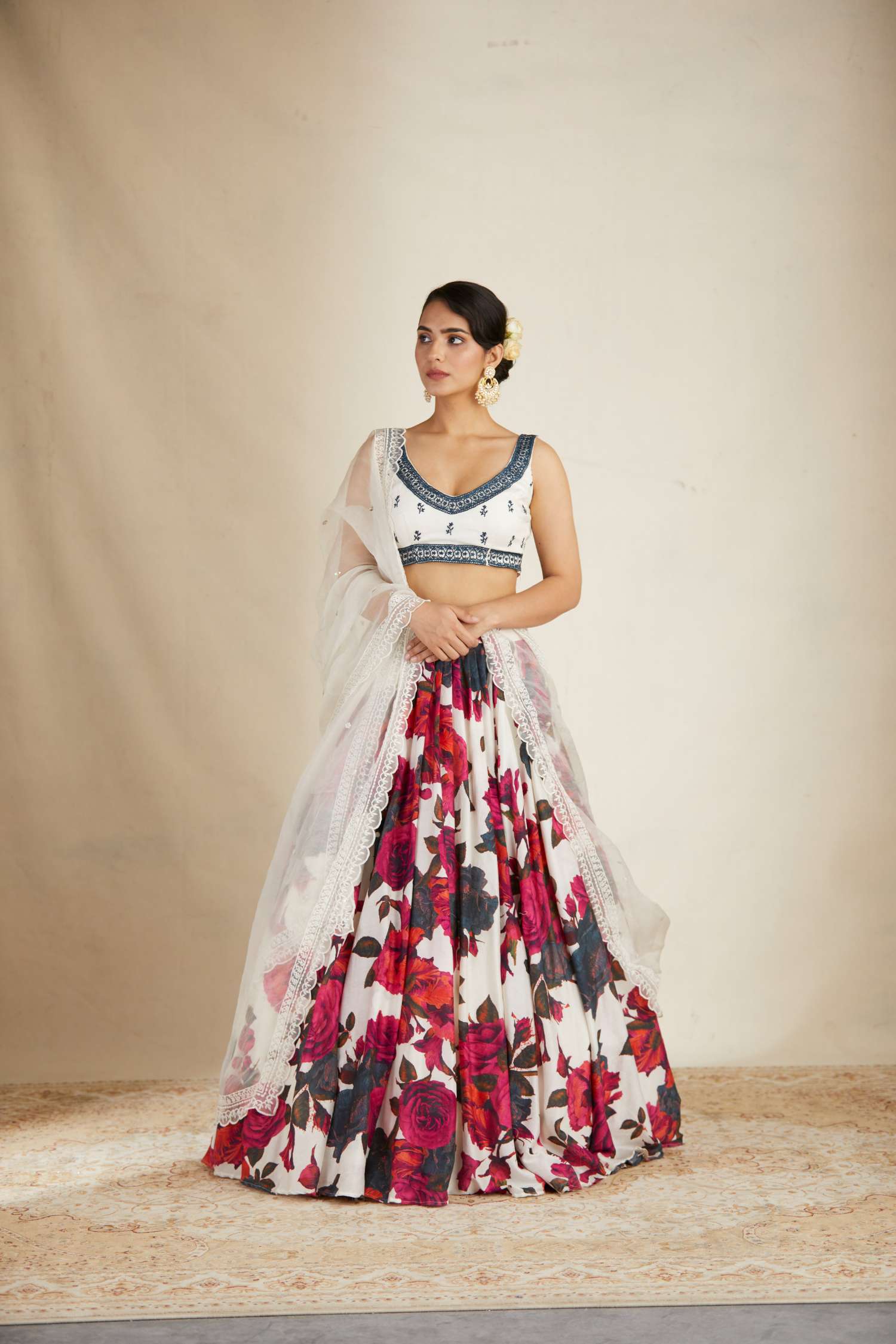 Side view of White Red Floral Chanderi Lehenga Set