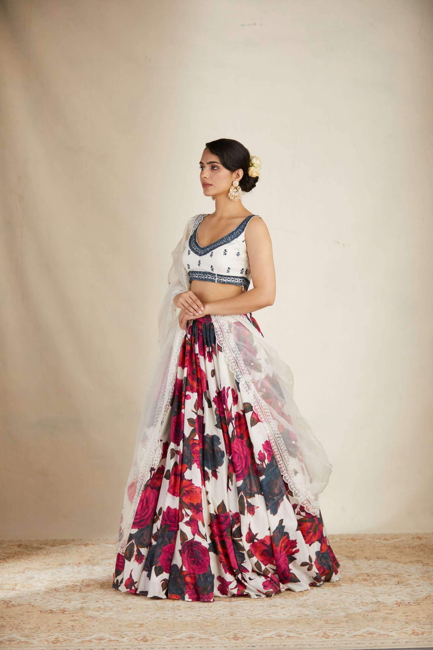 Side view of White Red Floral Chanderi Lehenga Set for Women