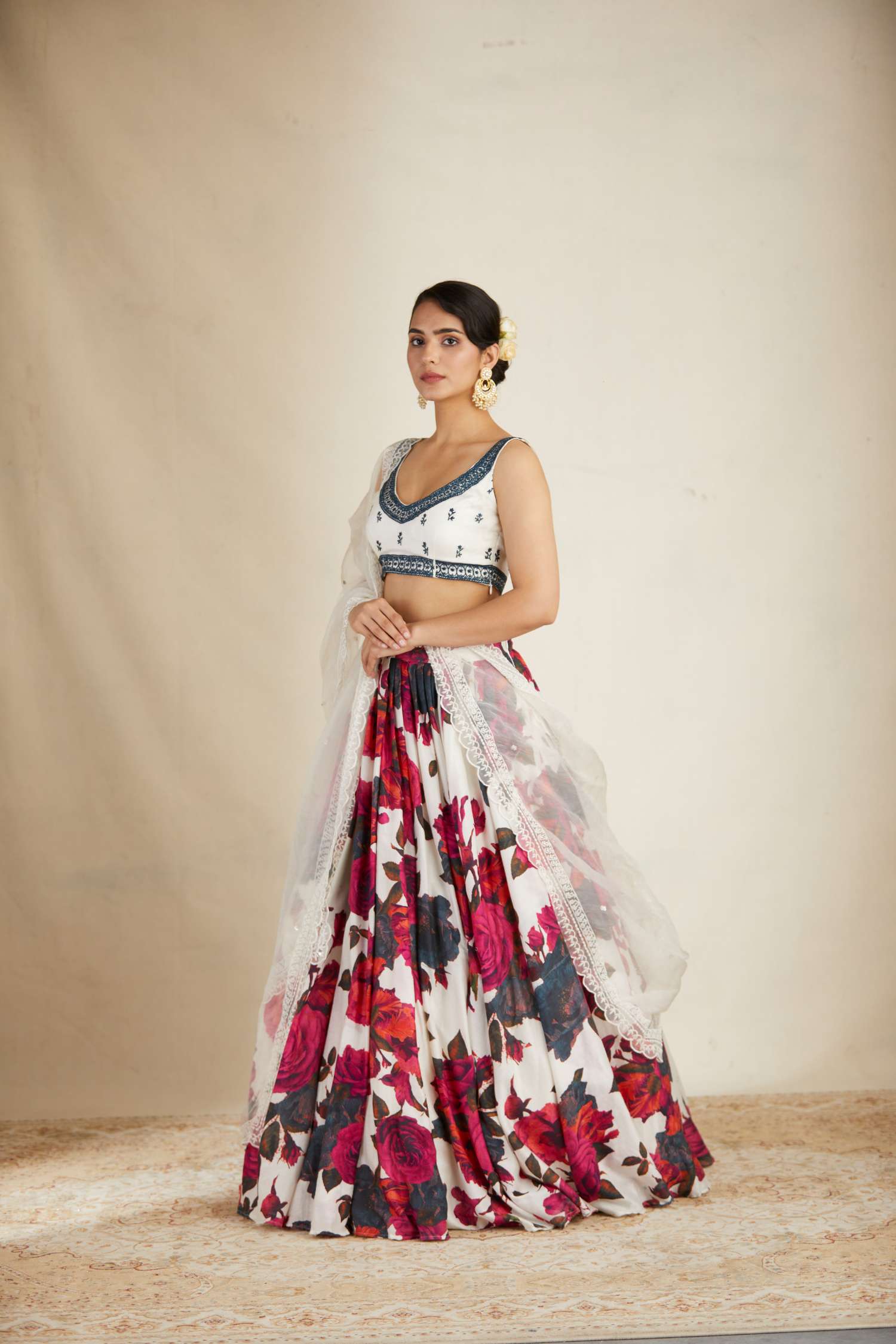 Front Side Look view of White Red Floral Chanderi Lehenga Set for Women