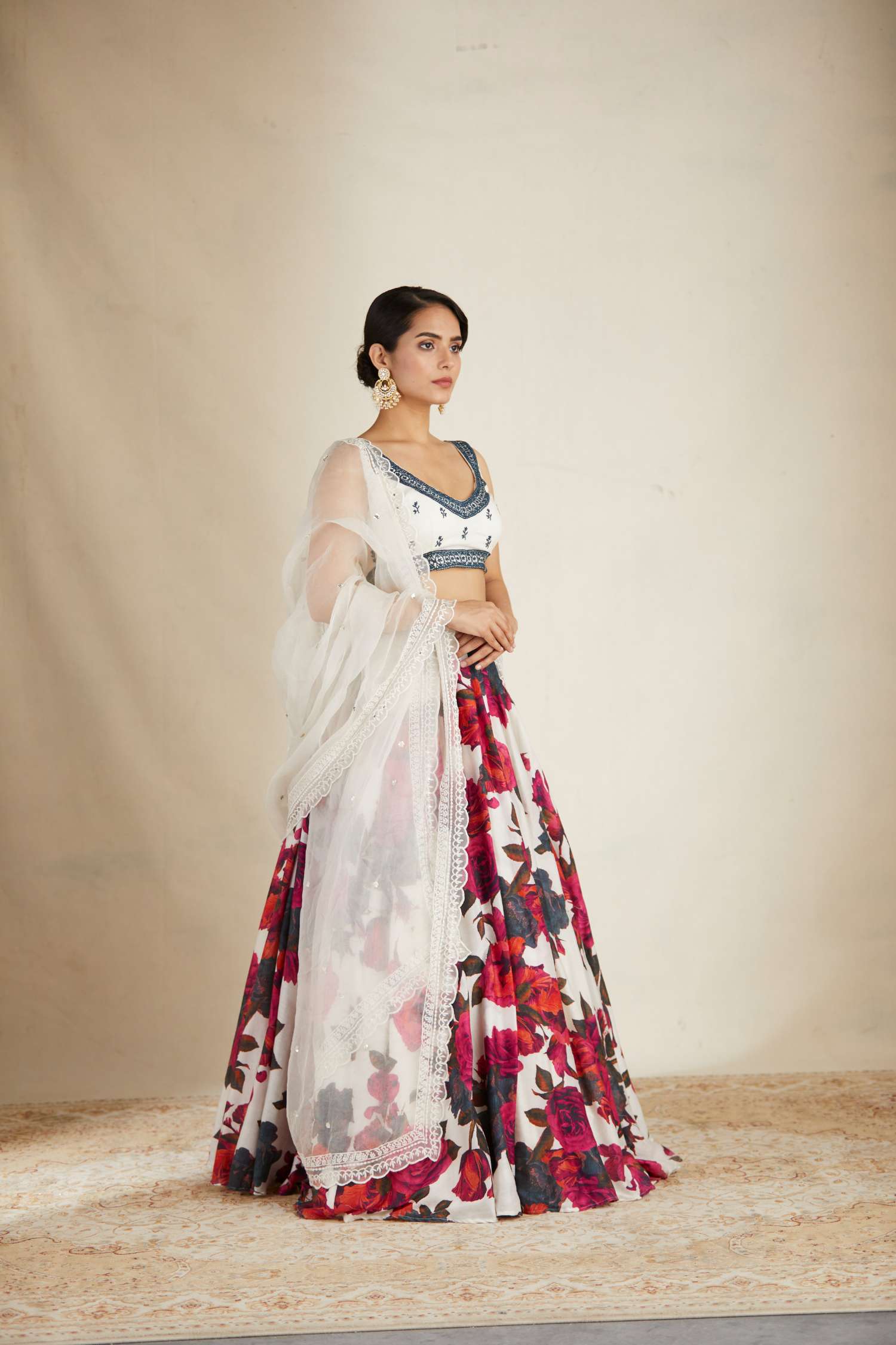 Side Look view of White Red Floral Chanderi Lehenga Set for Women