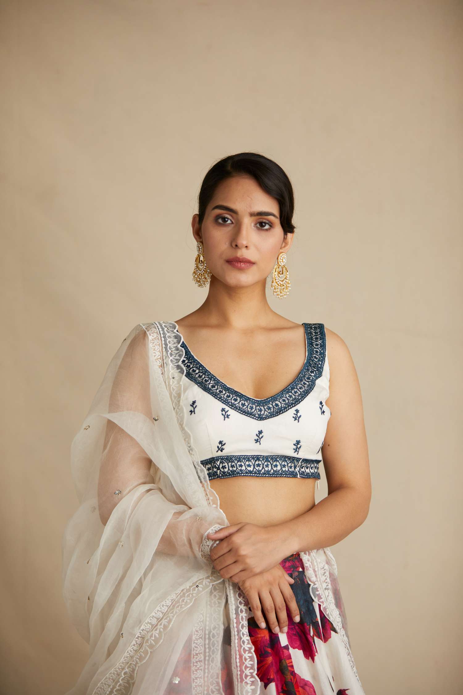 Close-up View of White Red Floral Chanderi Lehenga Set