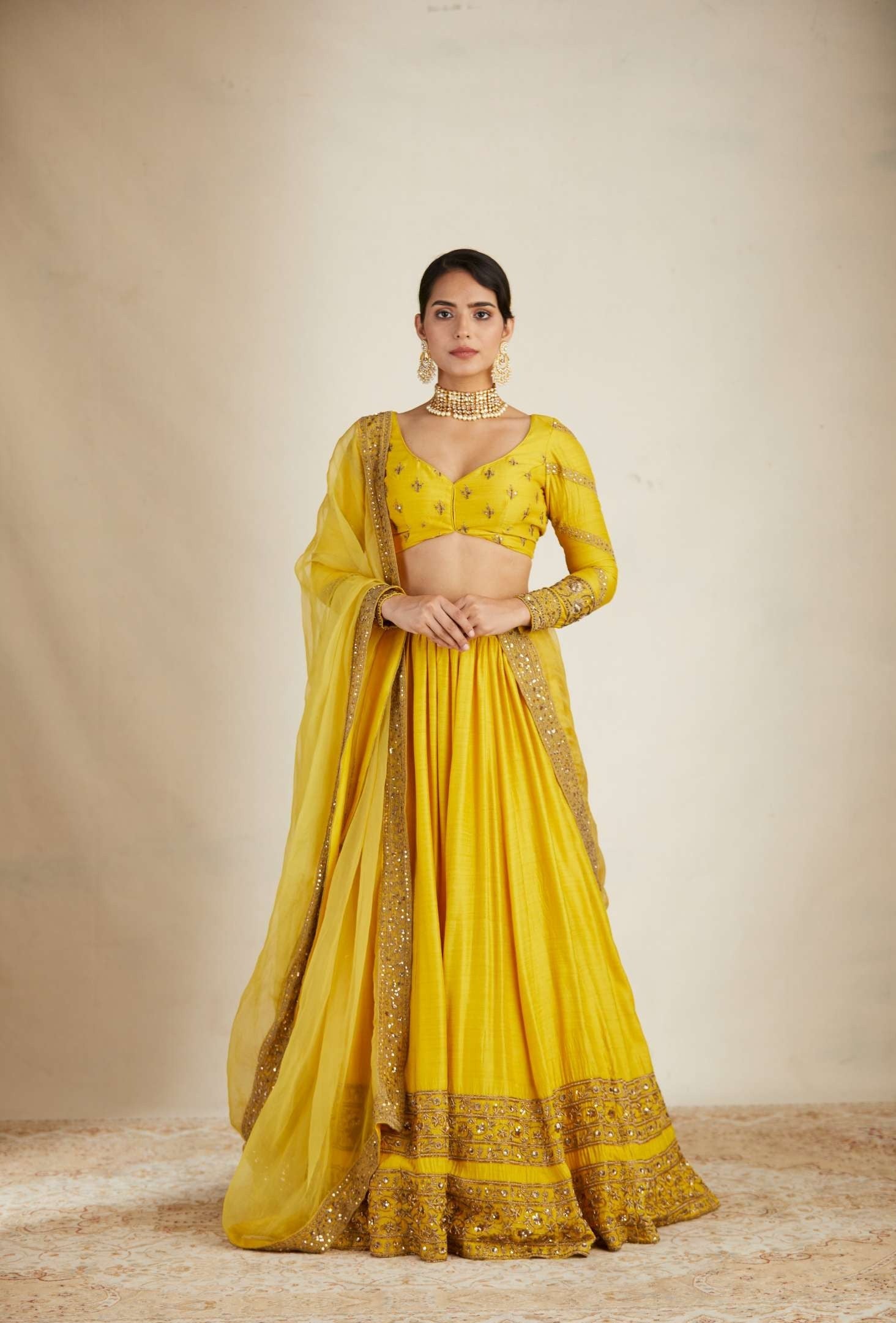 Mustard Chanderi Silk Crepe Bead Embroidered Lehenga Set