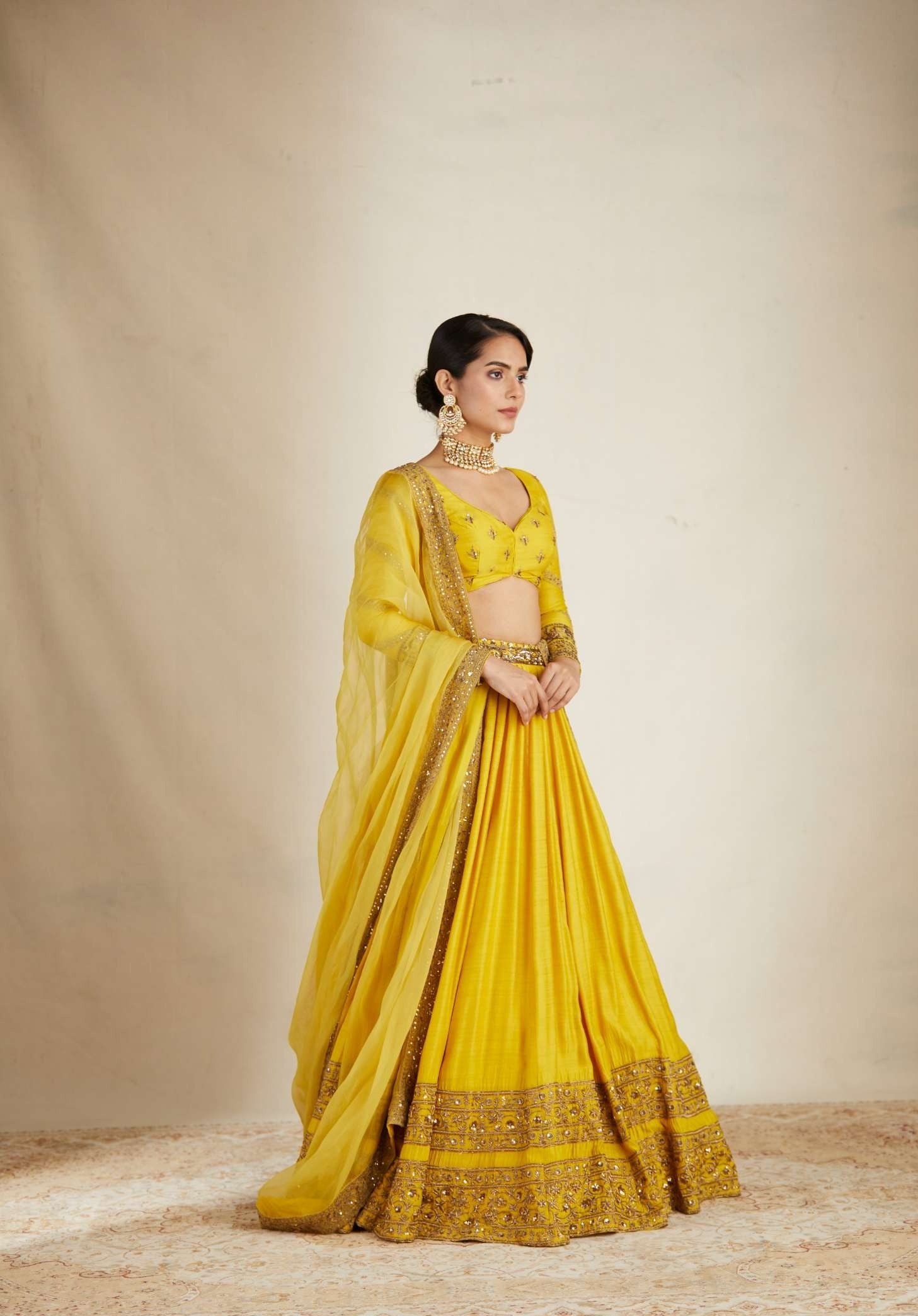 Full Side view of Mustard Chanderi Silk Crepe Bead Embroidered Lehenga Set