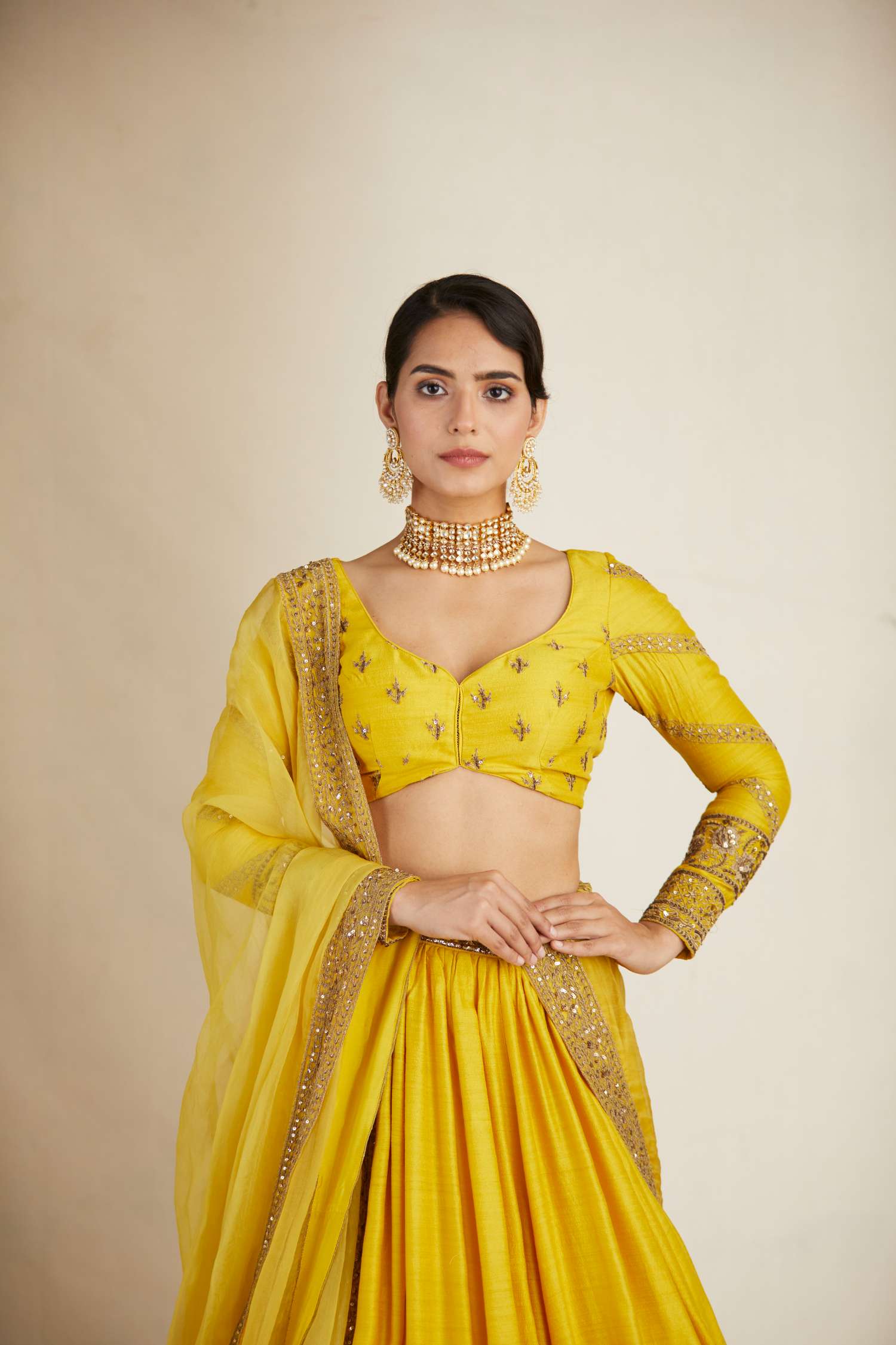 Front view of Mustard Chanderi Silk Crepe Bead Embroidered Lehenga Set