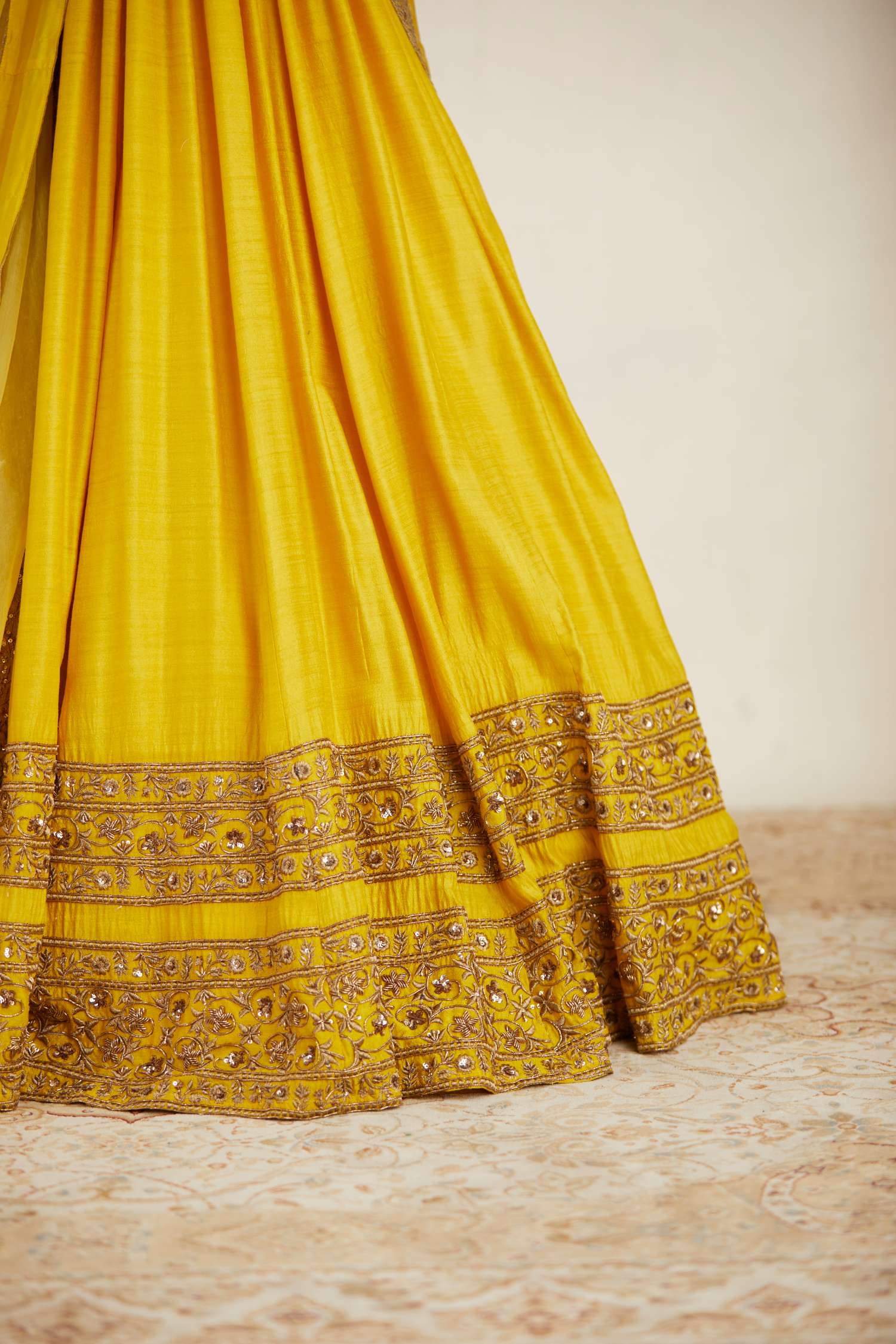 Close-up of Mustard Chanderi Silk Crepe Bead Embroidered Lehenga