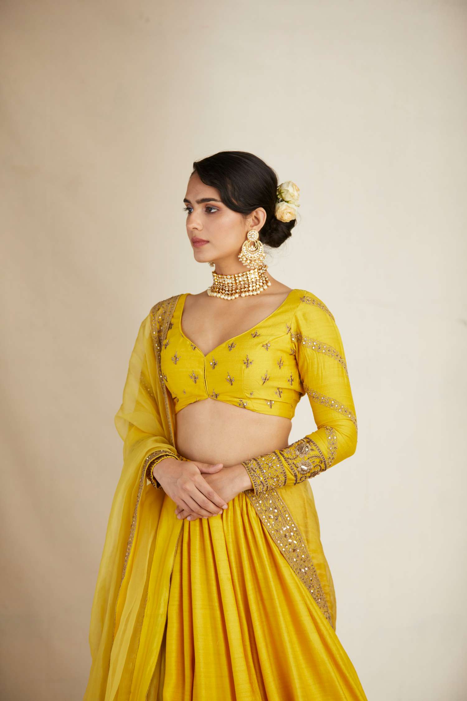 Side view of Mustard Chanderi Silk Crepe Bead Embroidered Lehenga Set