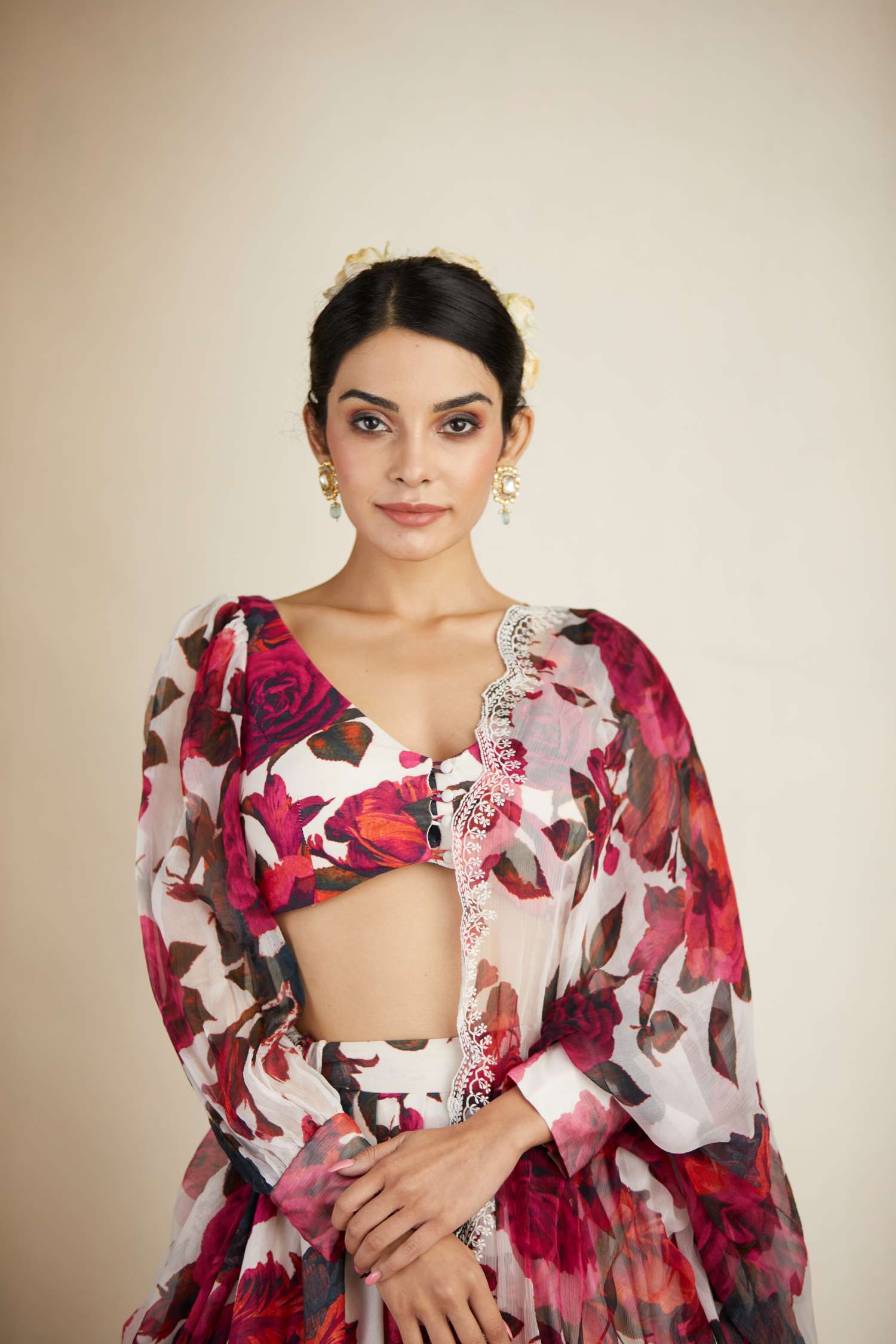 Close-up of White and Red Floral Chanderi Lehenga Set