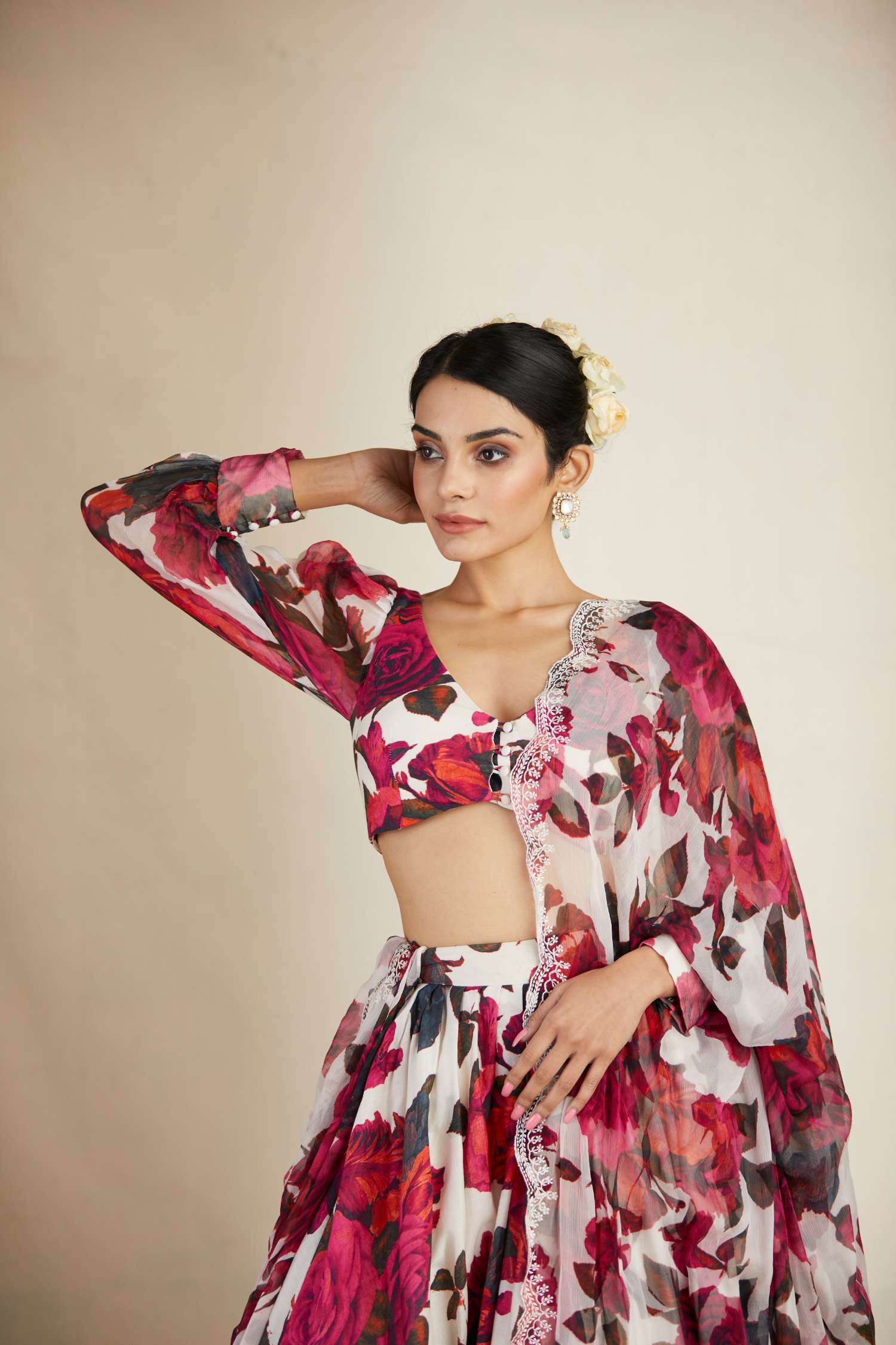 Side view of White and Red Floral Chanderi Lehenga Set