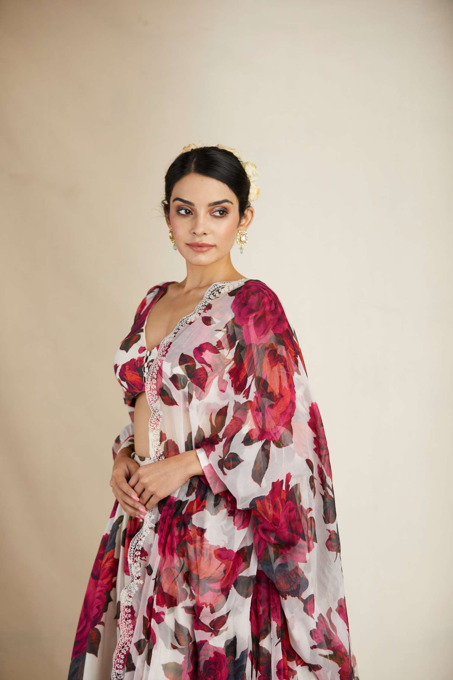 Side view of White and Red Floral Chanderi Lehenga Set