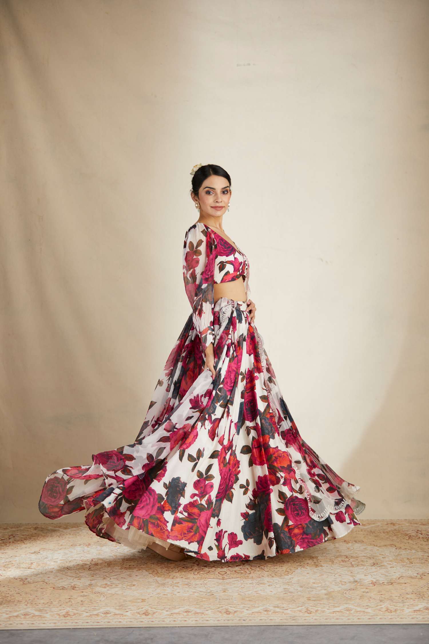 Side Front view of White and Red Floral Chanderi Lehenga Set