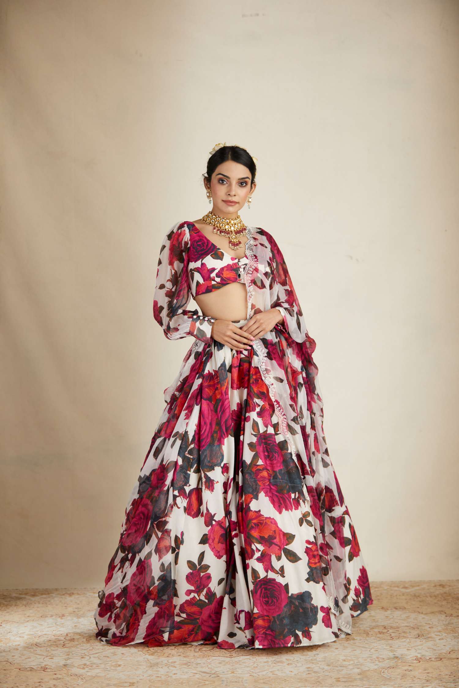 White and Red Floral Chanderi Lehenga Set