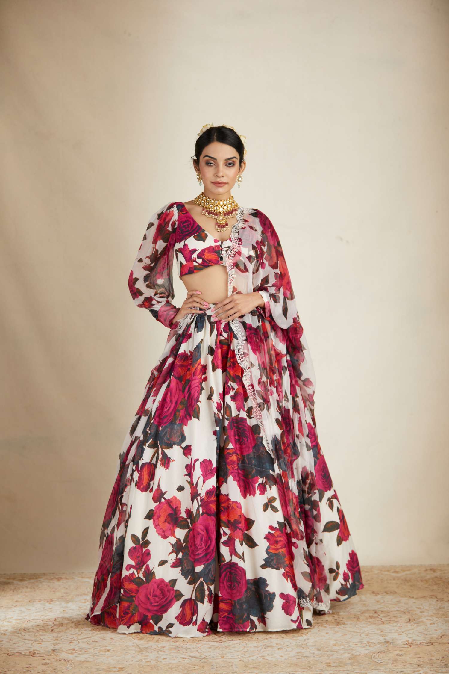 Front Look view of White and Red Floral Chanderi Lehenga Set