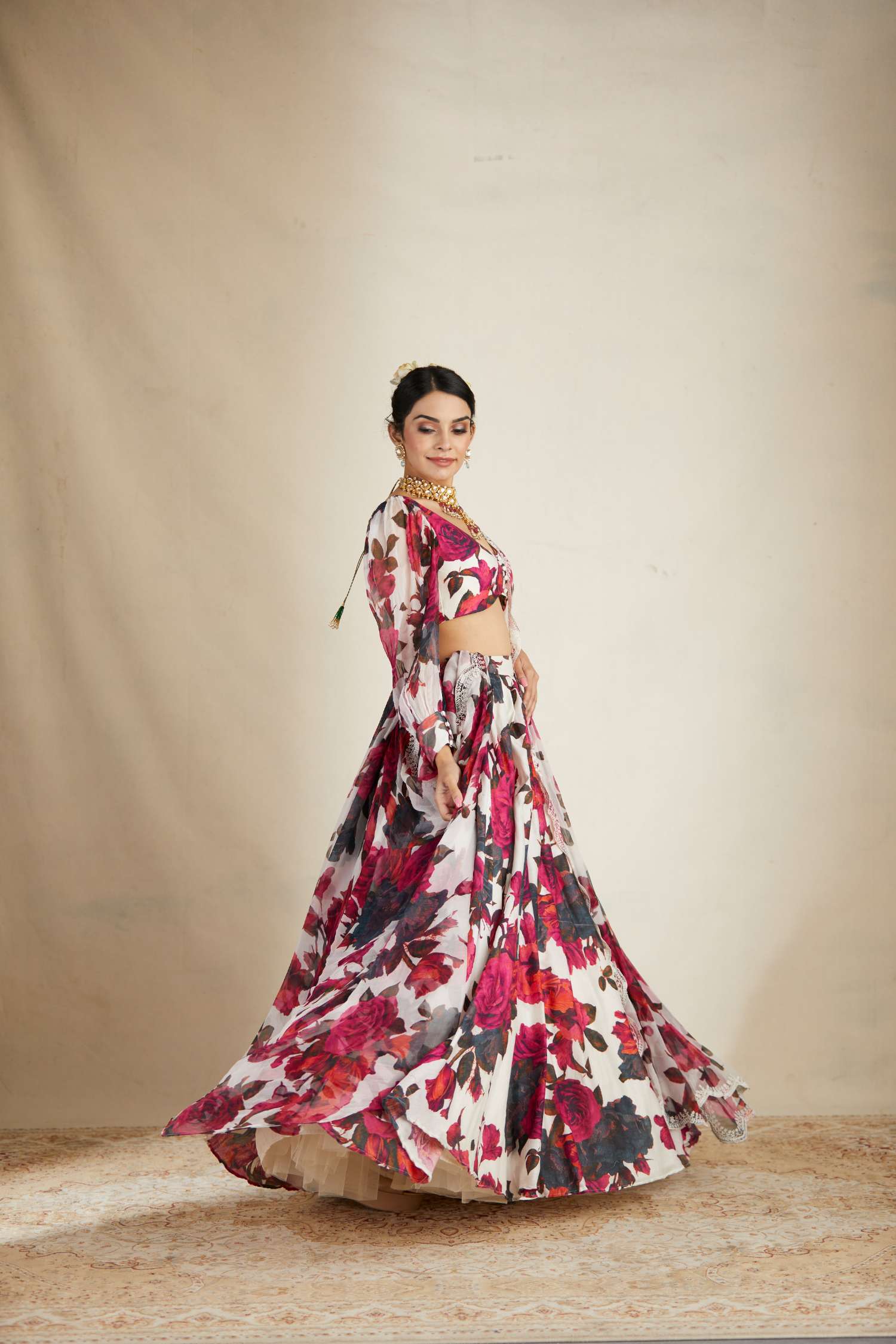 Side view of White and Red Floral Chanderi Lehenga Set for Women