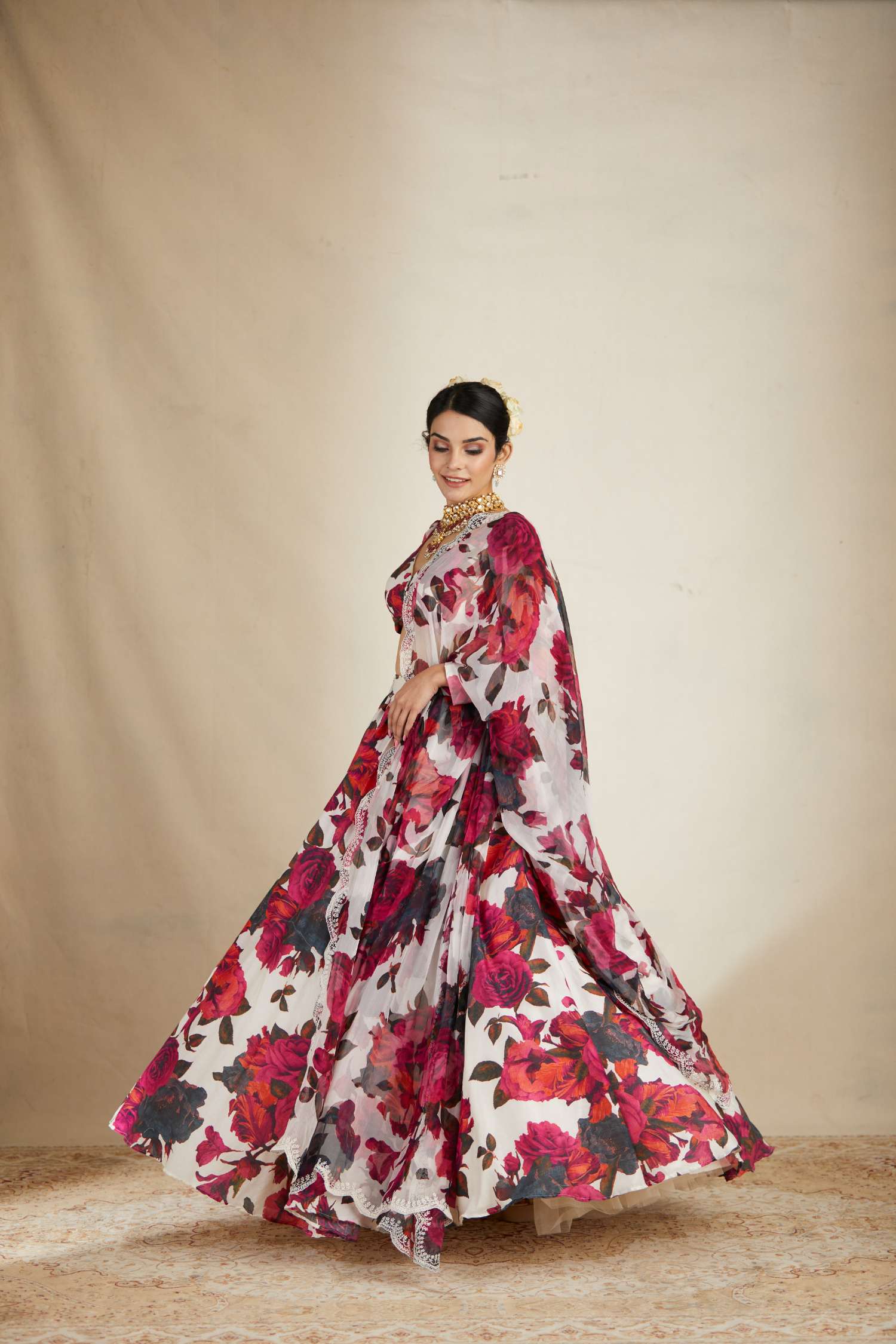 Side Below View of White and Red Floral Chanderi Lehenga Set