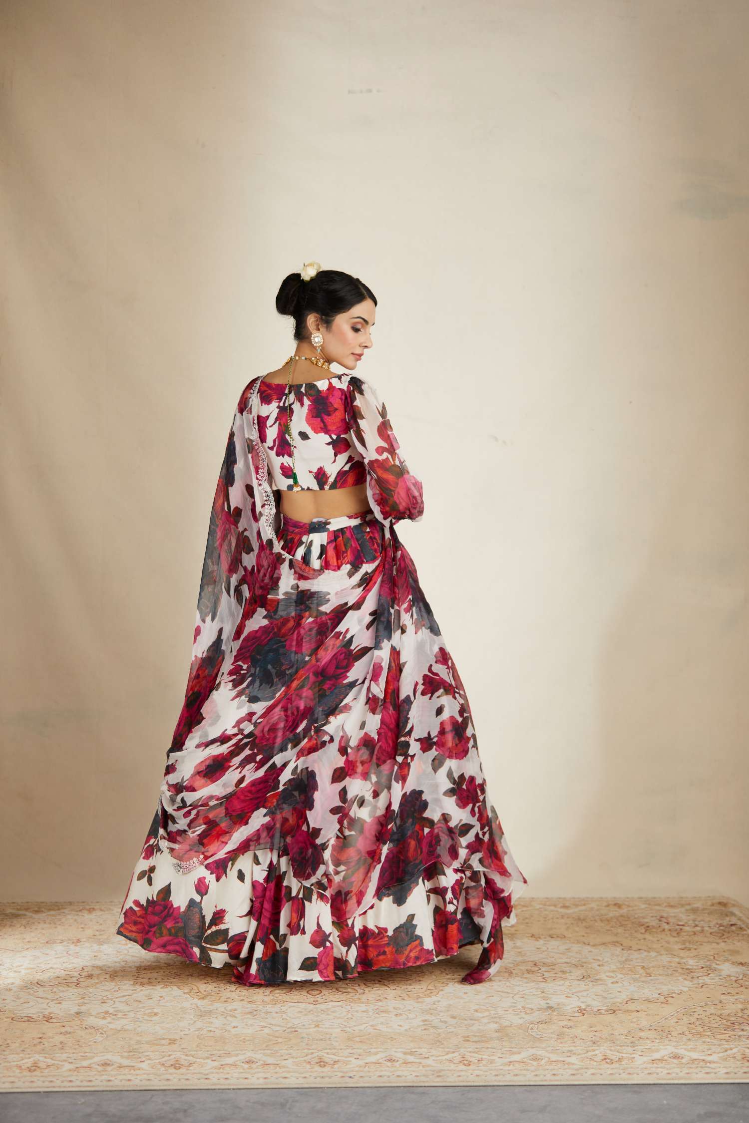 Back Side Below View of White and Red Floral Chanderi Lehenga Set