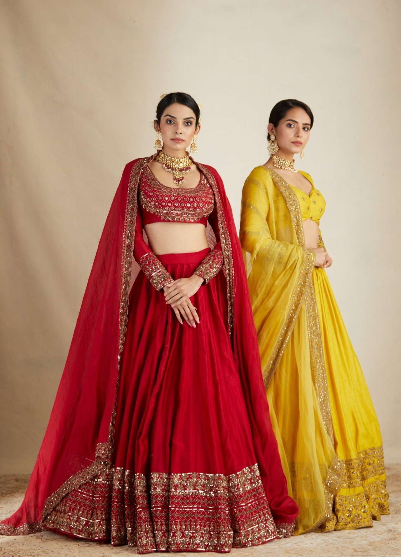 Front view of Red Chanderi Silk Crepe Embroidered Lehenga