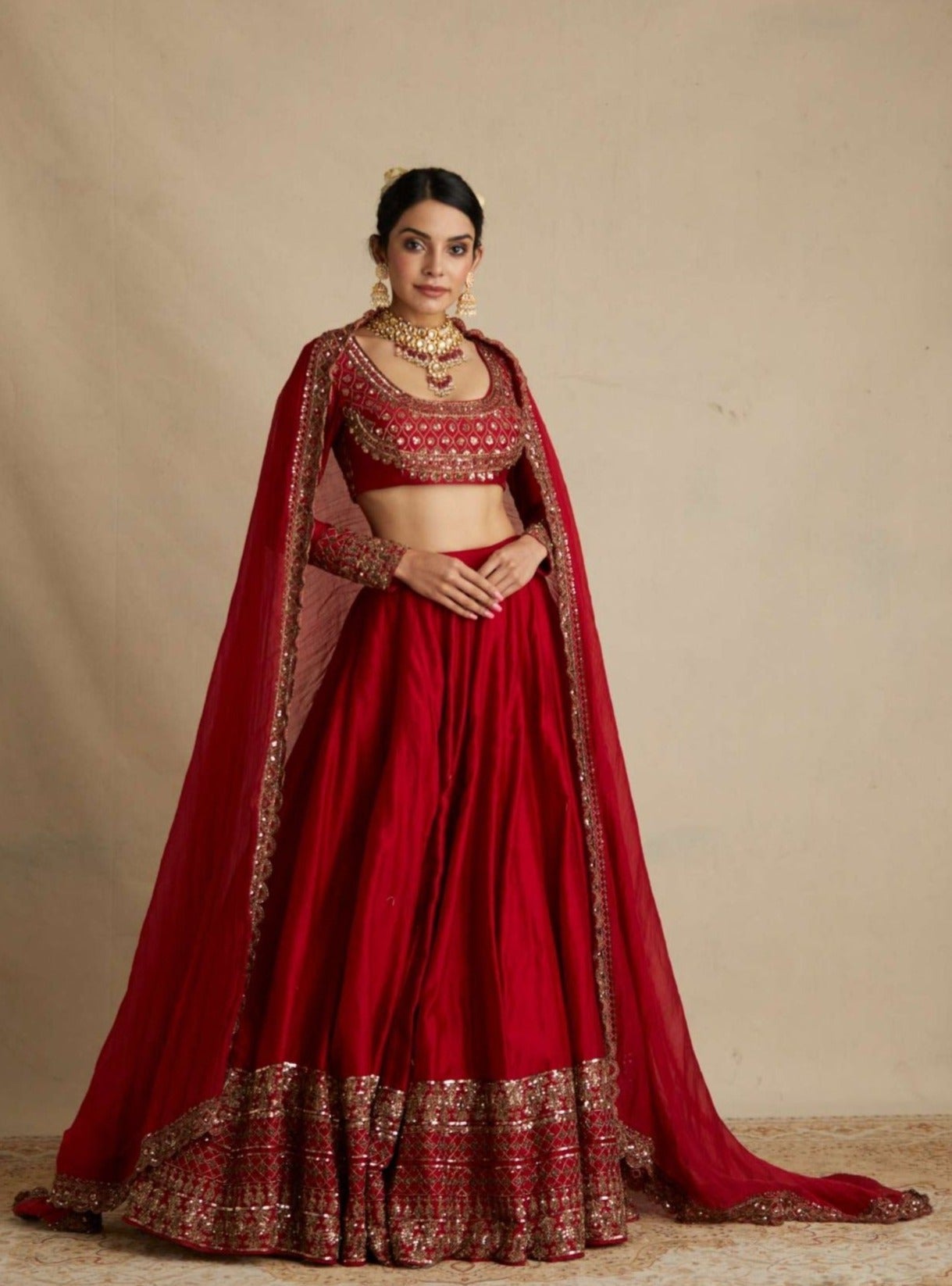 Red Chanderi Silk Crepe Embroidered Lehenga Set