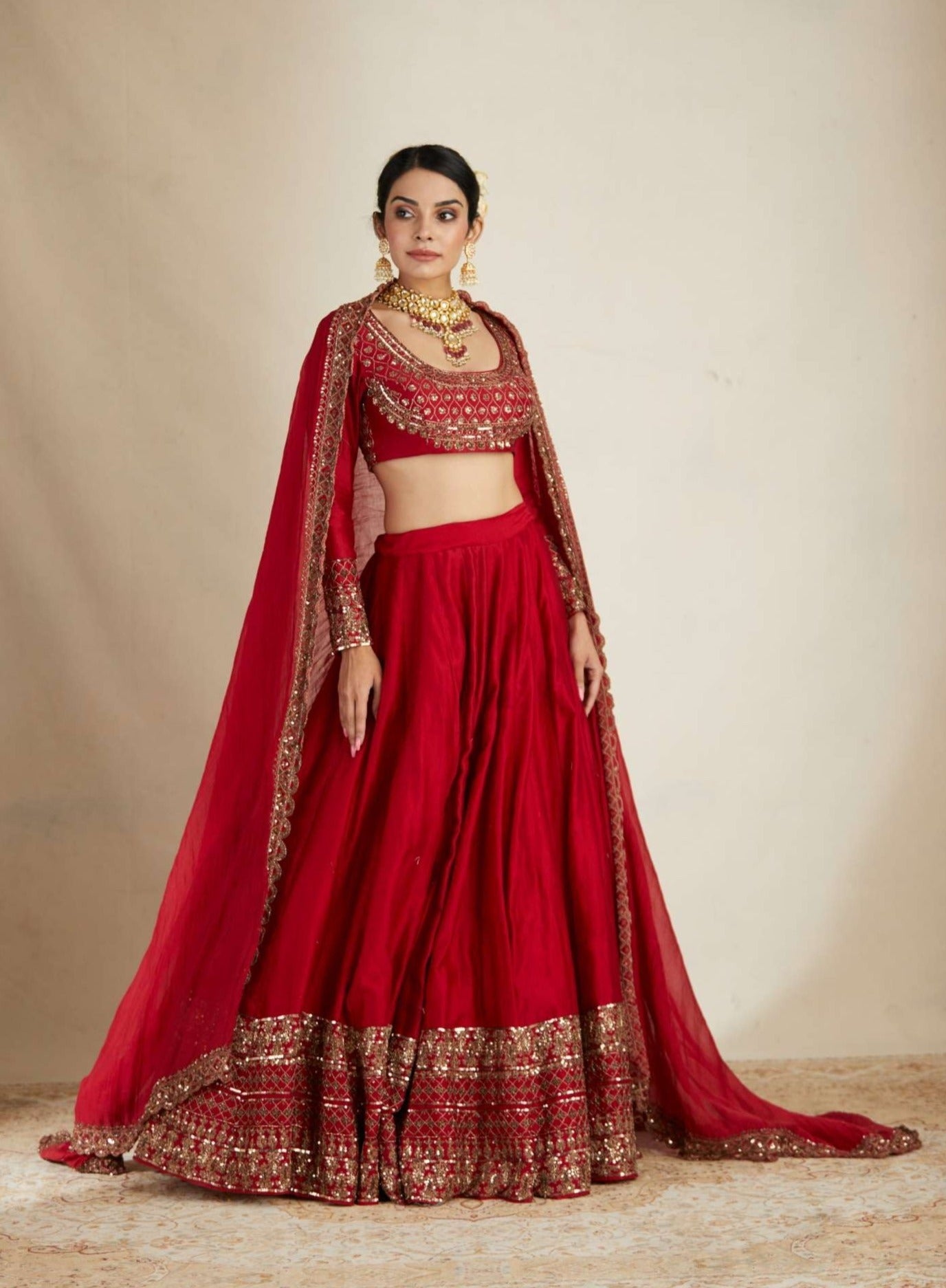 Front Side view of Red Chanderi Silk Crepe Embroidered Lehenga Set