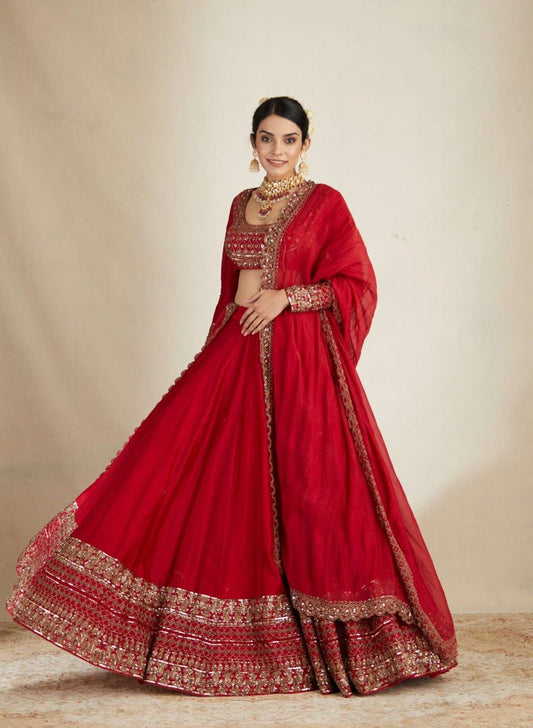 Red Chanderi Silk Crepe Embroidered Lehenga Set