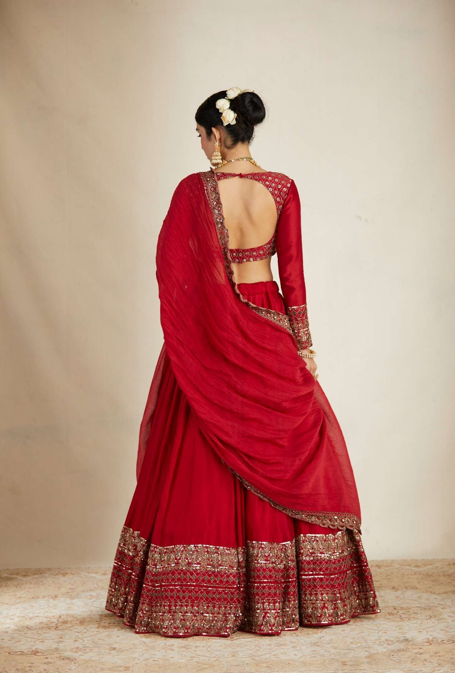 Back Angle view of Red Chanderi Silk Crepe Embroidered Lehenga Set