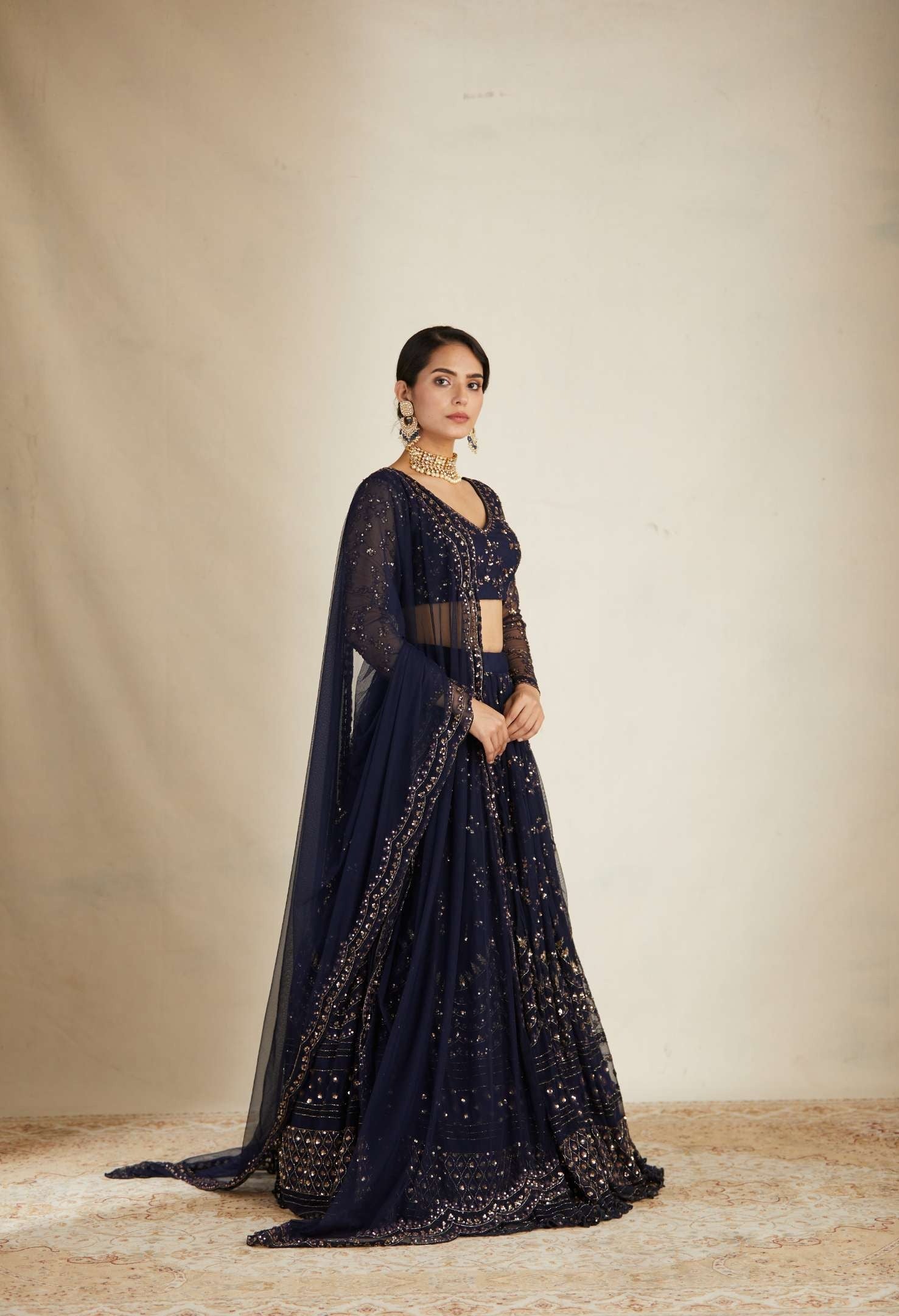 Navy Blue Heavy Double Border Lehenga Set