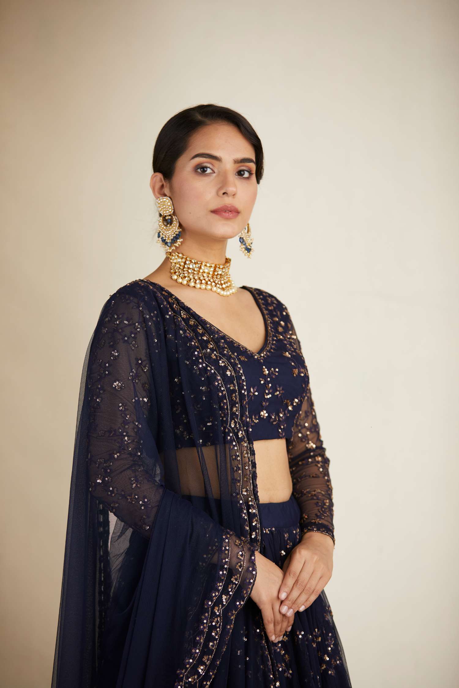 Front view of Navy Blue Heavy Double Border Lehenga Set