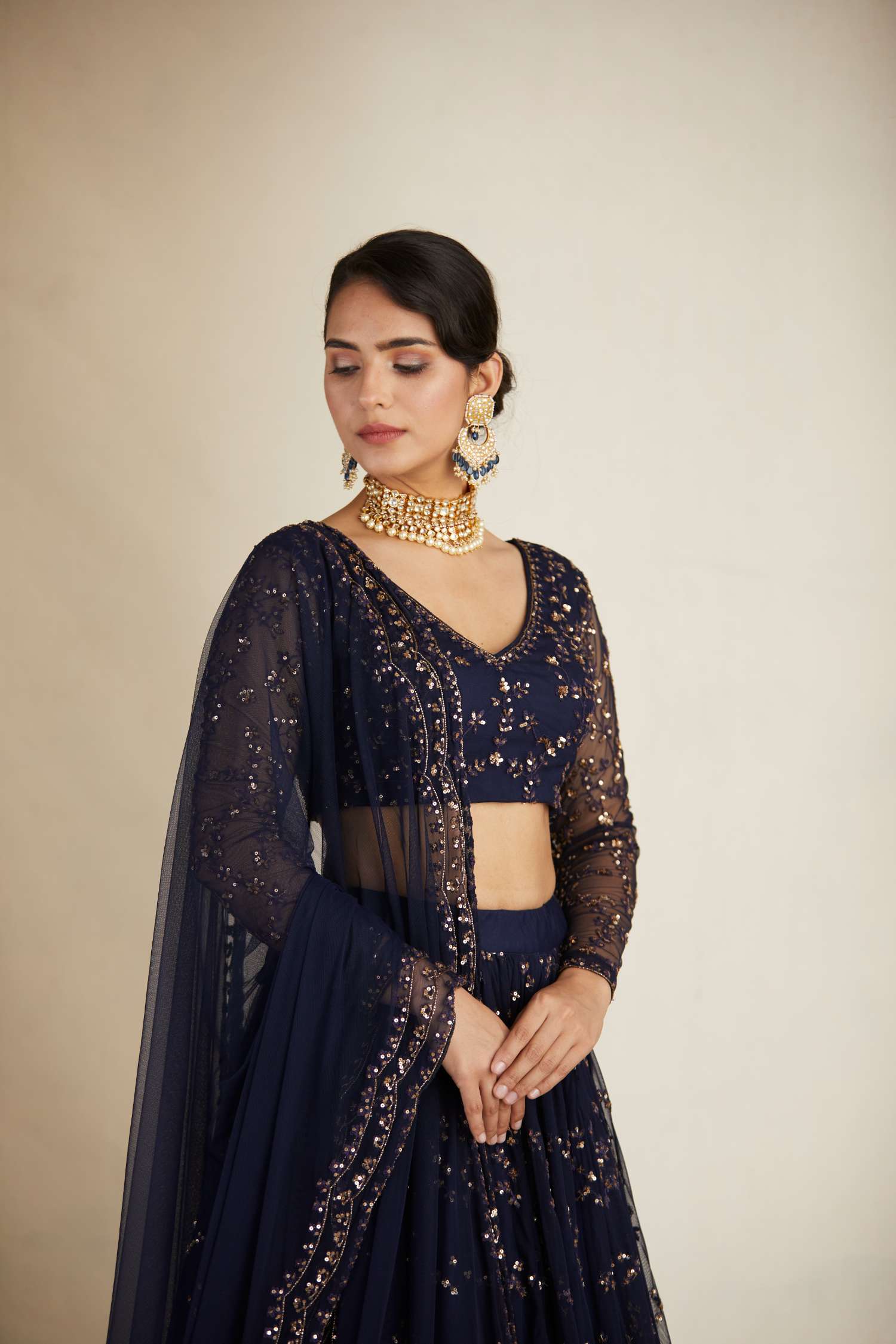 Close-up View of Navy Blue Heavy Double Border Lehenga Set
