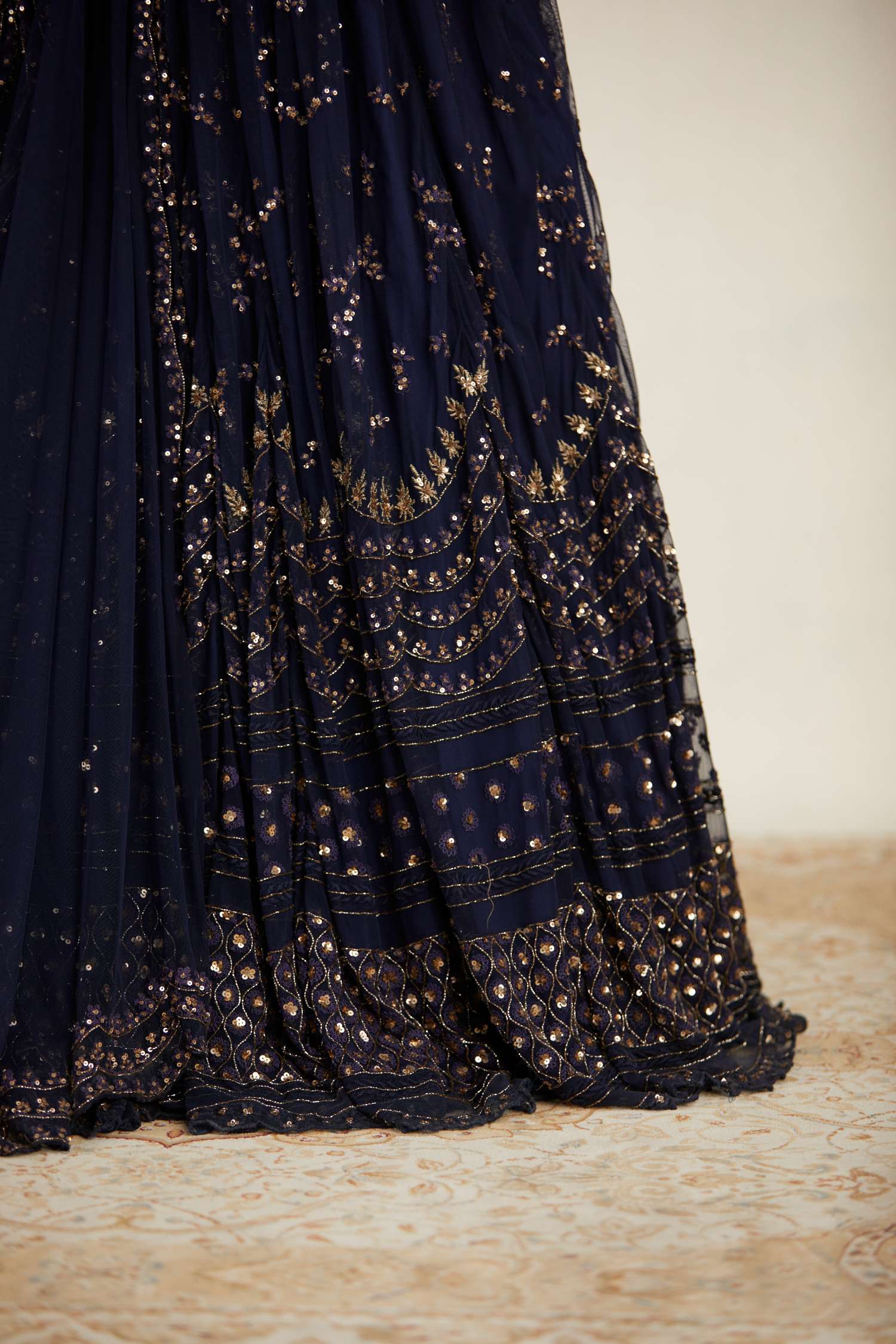 Close-up of Navy Blue Heavy Double Border Lehenga Set