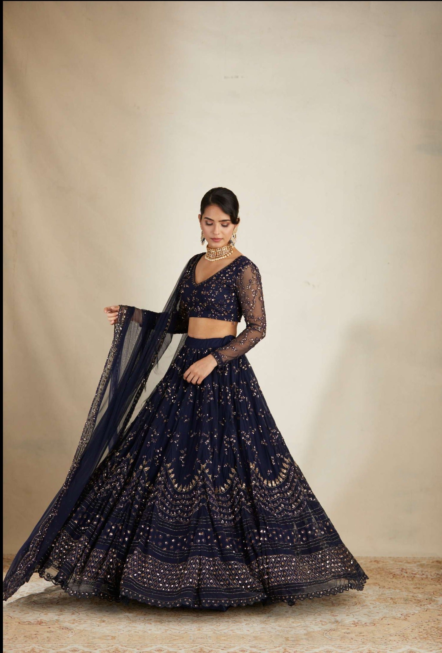 Full Front View of Navy Blue Heavy Double Border Lehenga Set