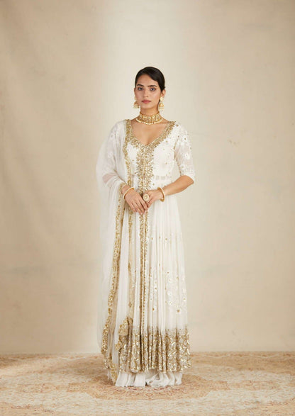 Off White Thread Work Front Open Jacket Sharara Set