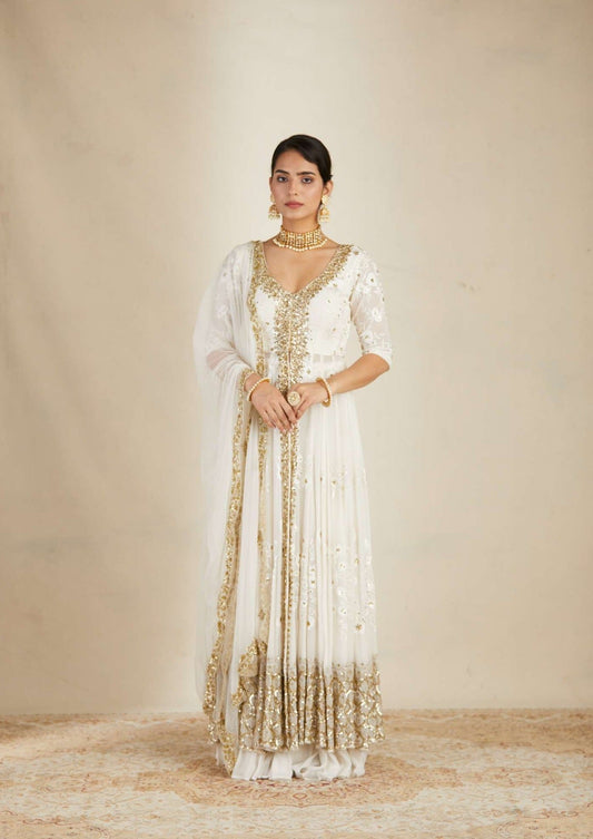 Off White Thread Work Front Open Jacket Sharara Set