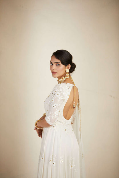 Off White Thread Work Front Open Jacket Sharara Set
