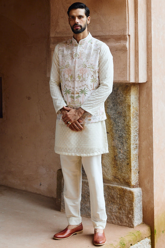 Ivory Tropical Raw Silk Embroidered Bundi Kurta Set