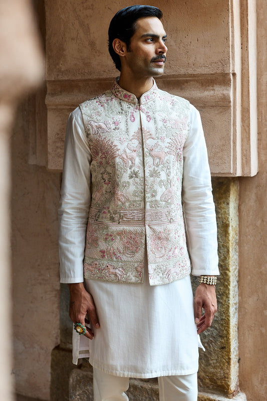 Ivory Pink Raw Silk Embroidered Bundi Kurta Set