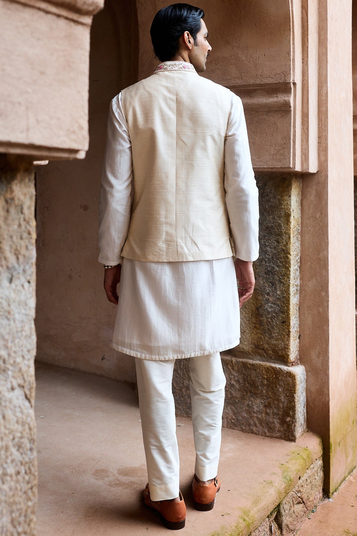 Ivory Pink Raw Silk Embroidered Bundi Kurta Set