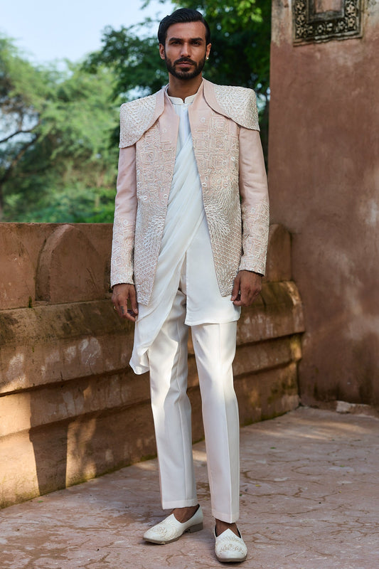 Pastel Pink Embroidered Bandhgala with Drape Kurta
