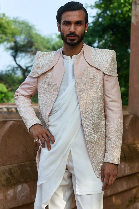 Pastel Pink Embroidered Bandhgala with Drape Kurta