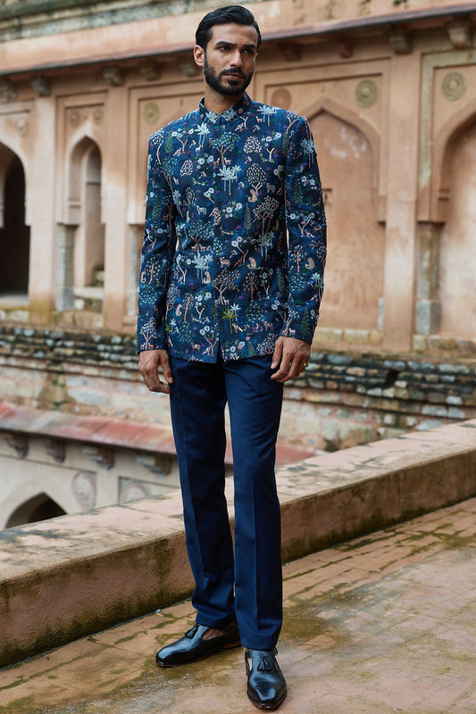Forest Printed Silk Embroidered Bandhgala Set