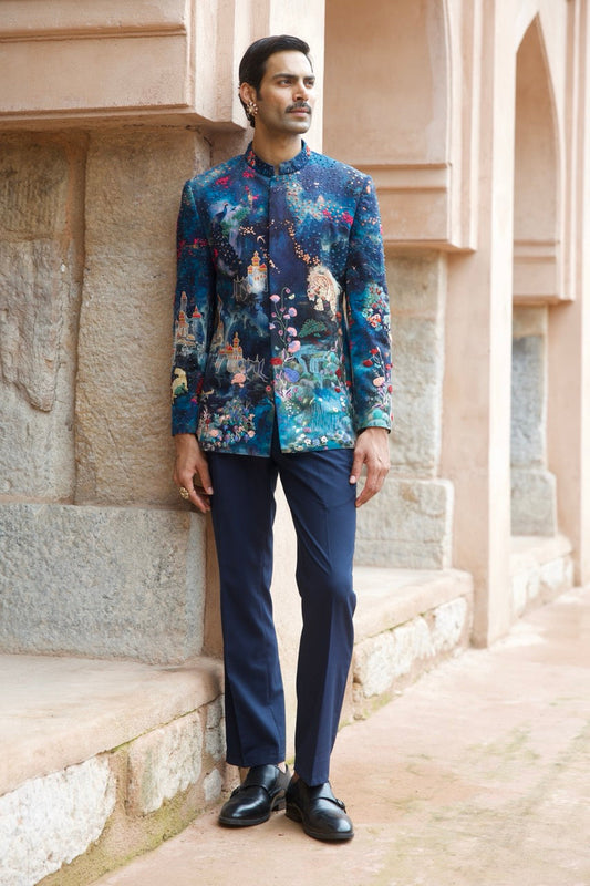Midnight Printed Velvet Embroidered Bandhgala Set