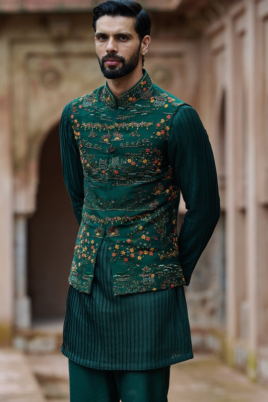 Cobalt Green Floral Raw Silk Bundi Kurta Set