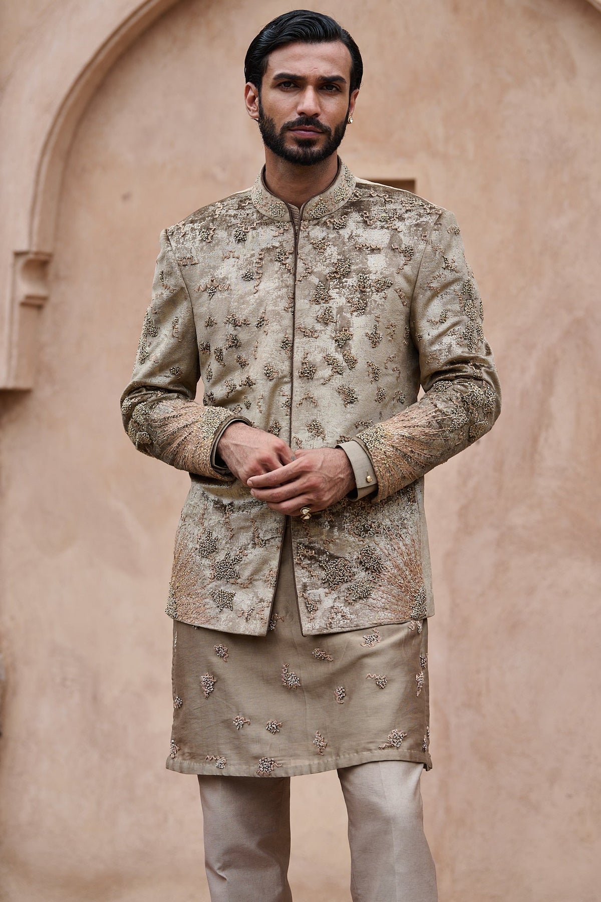 Natural Brown Velvet Embroidered Bandhgala Set