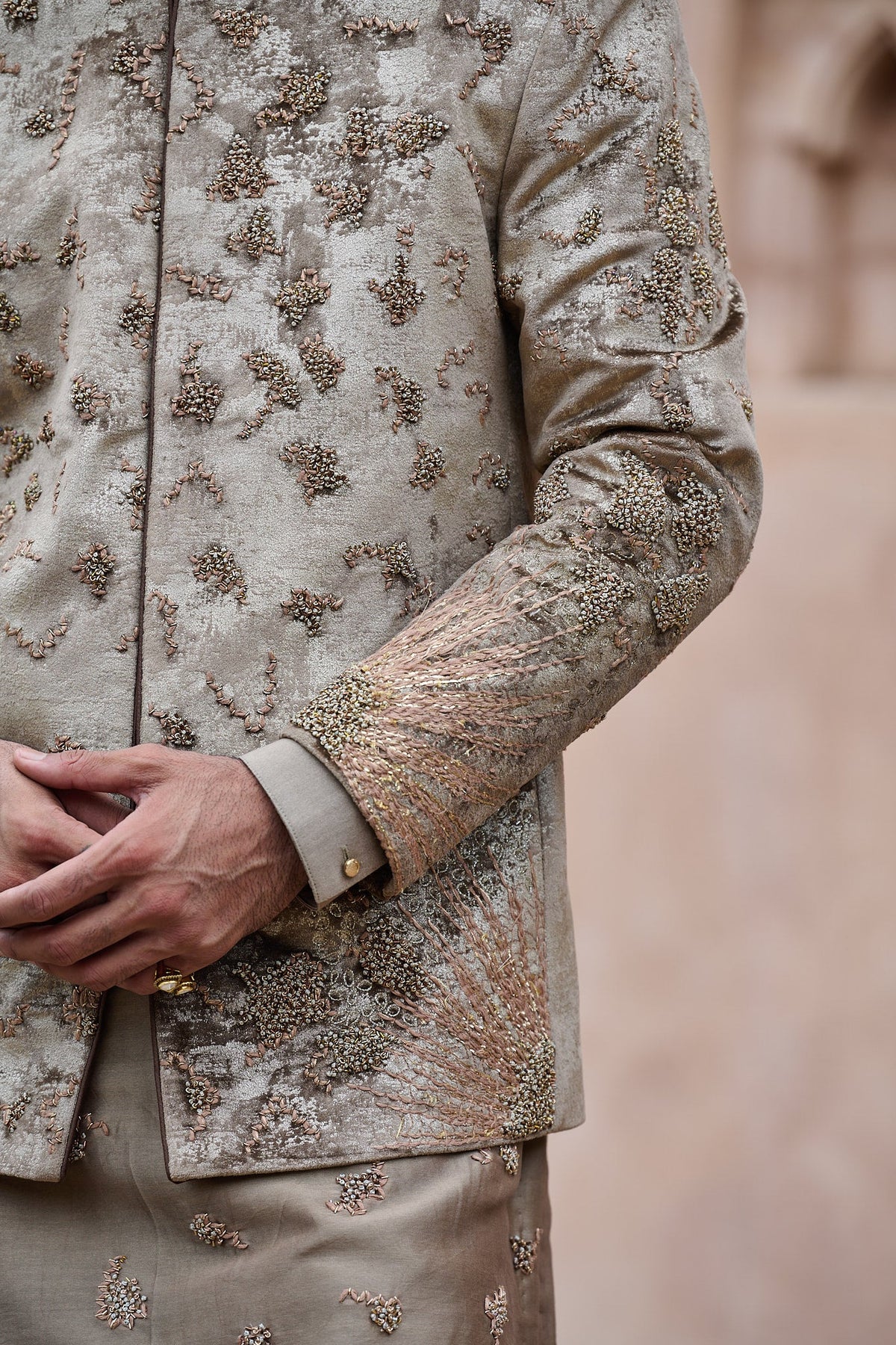 Natural Brown Velvet Embroidered Bandhgala Set