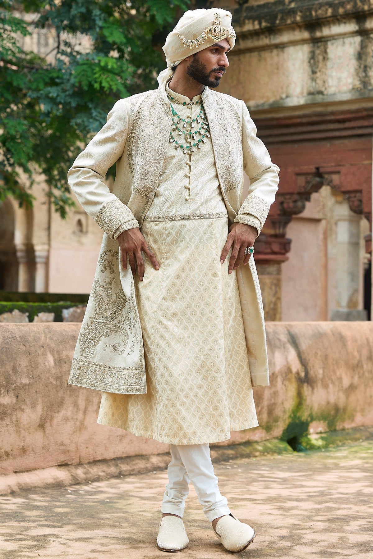 Créme Jacquard Anarkali Sherwani Set