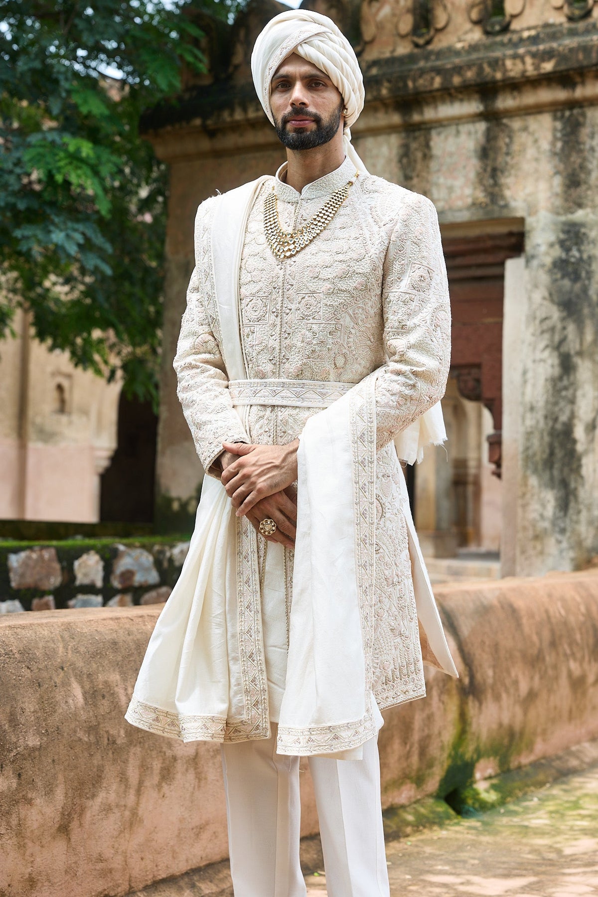 Ivory Pink Raw Silk Embroidered Sherwani Set