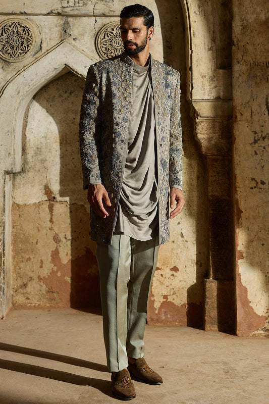 Grey Satin Silk Embroidered Indo-Western Set
