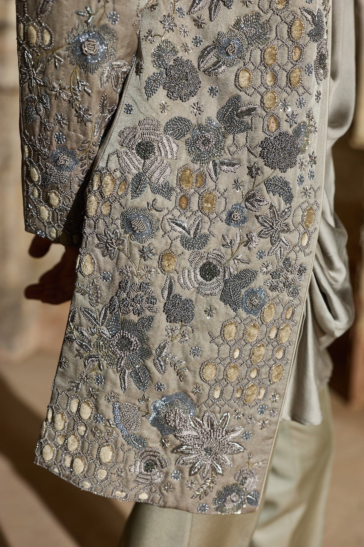 Grey Satin Silk Embroidered Indo-Western Set