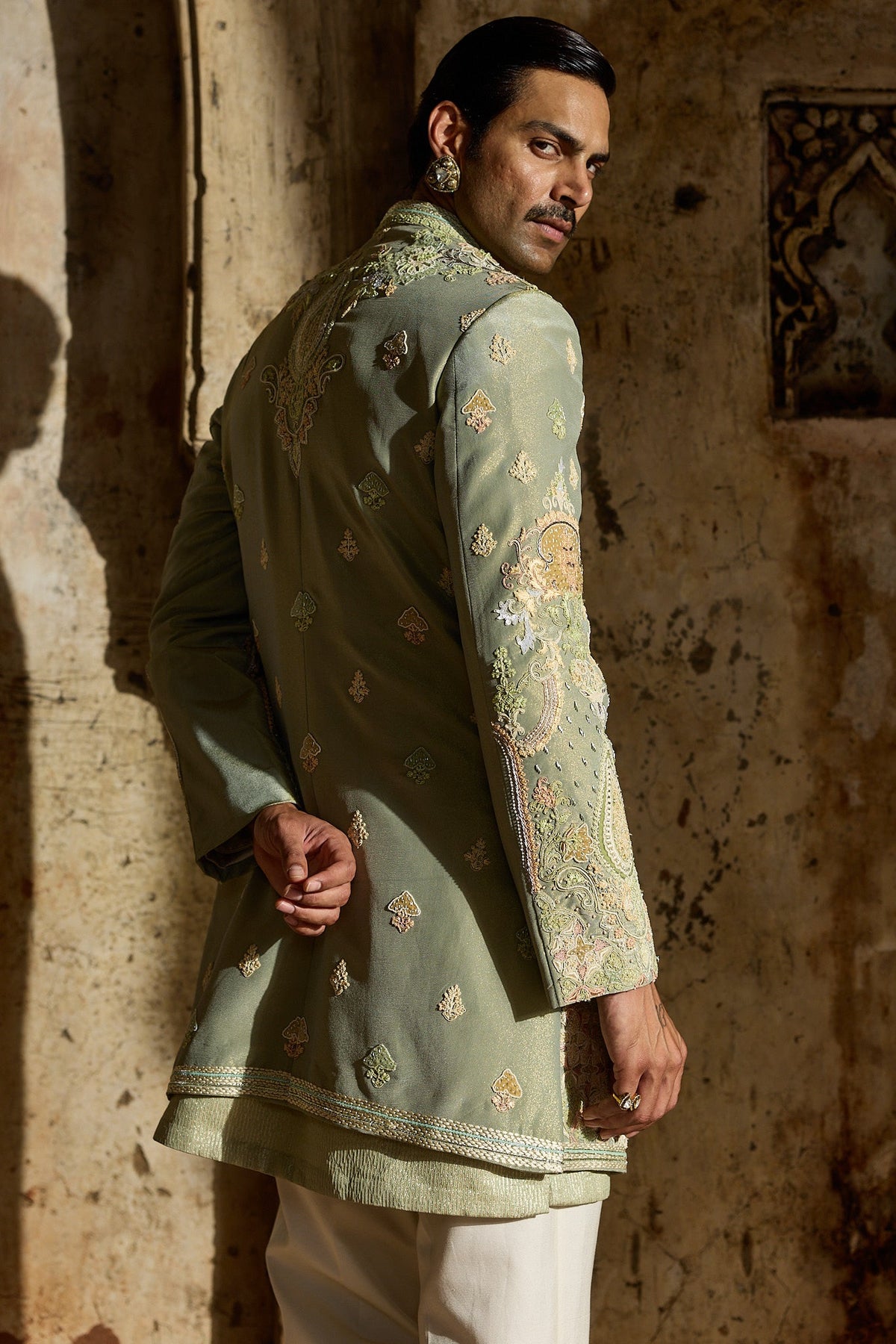 Pastel Green Tissue Embroidered Indo-Western Set
